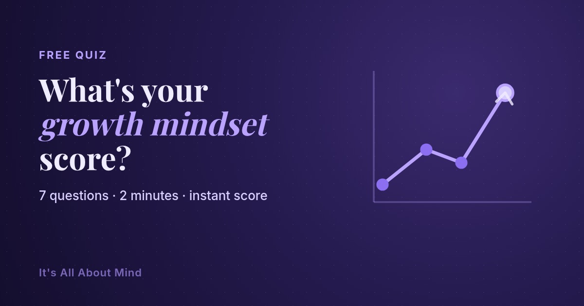 A glowing indigo seedling and upward arrow illustration representing a growth mindset quiz