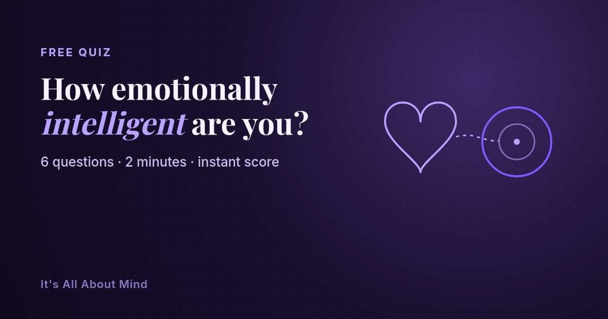 A calming violet illustration of a heart and mind connected by a pulse line, representing an emotional intelligence quiz