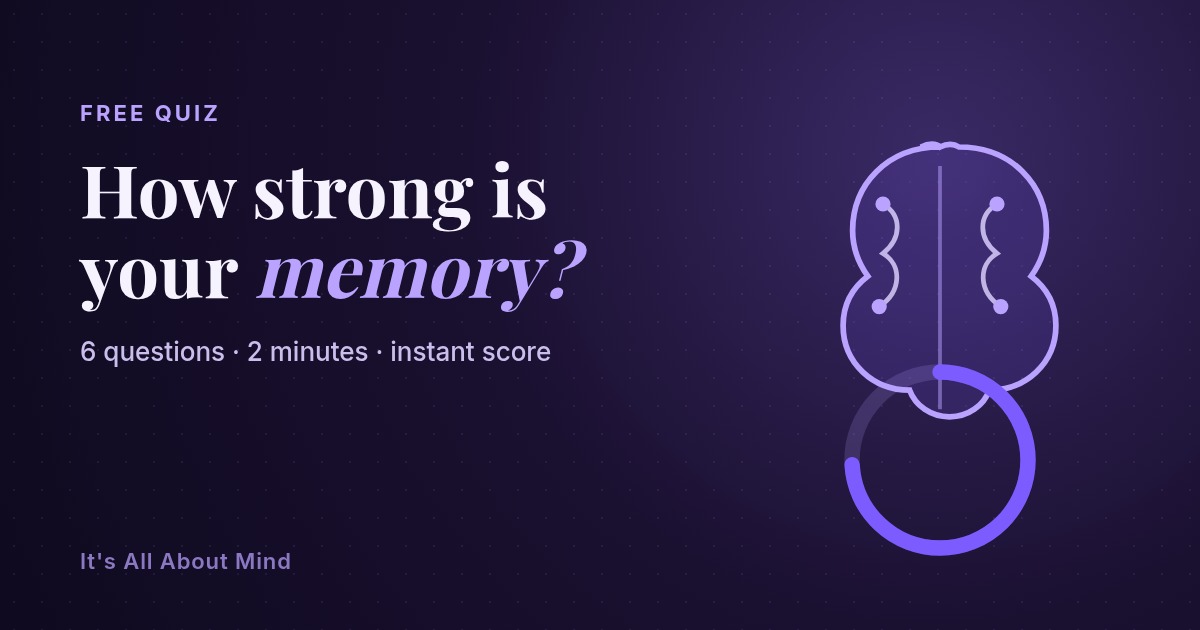 A glowing violet brain illustration with a memory score gauge, representing a memory quiz