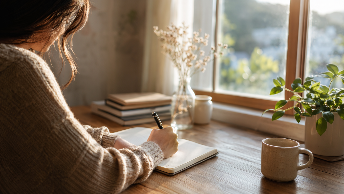 An open notebook on a wooden desk with a pen resting across the page, soft morning light