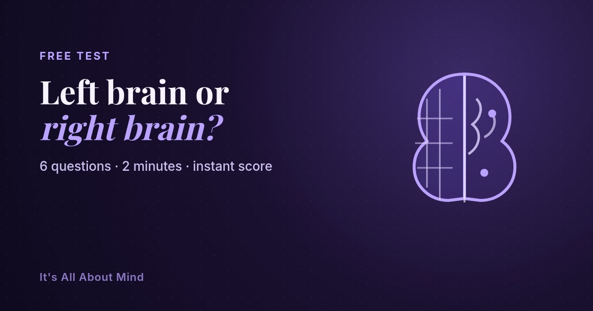 A glowing violet brain split into two hemispheres with geometric shapes on one side and organic curves on the other, representing a left brain right brain test