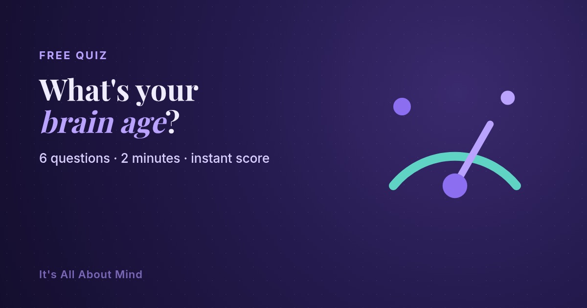 A glowing violet brain outline with a dial on a dark background, representing a brain age test