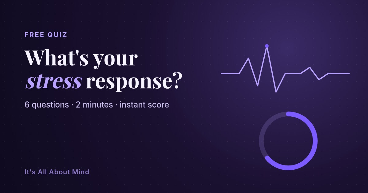 A calming violet illustration of a stress gauge and a steady heartbeat line, representing a stress response quiz